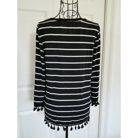 Lemon Tart Black & White Striped Top Tassel Hems Long Sleeves Women's Size Small - Picture 2 of 7